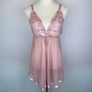 Baby Pink Coquette Sequin Floral Embroidered Mesh Babydoll Slip Dress Size 1X